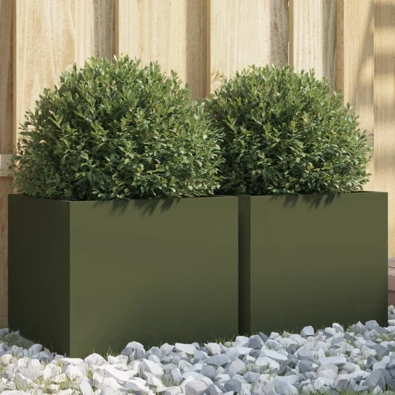 Plantekasser i stål 2 stk. 32x30x29 cm – olivengrøn