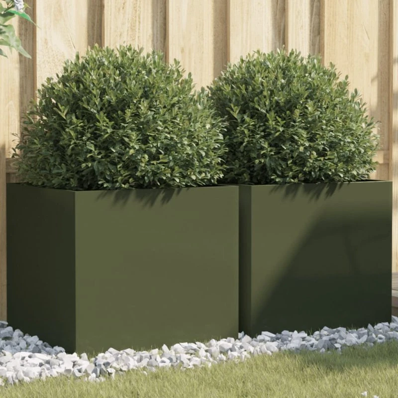 Plantekasser i stål 2 stk. 49x47x46 cm — olivengrøn