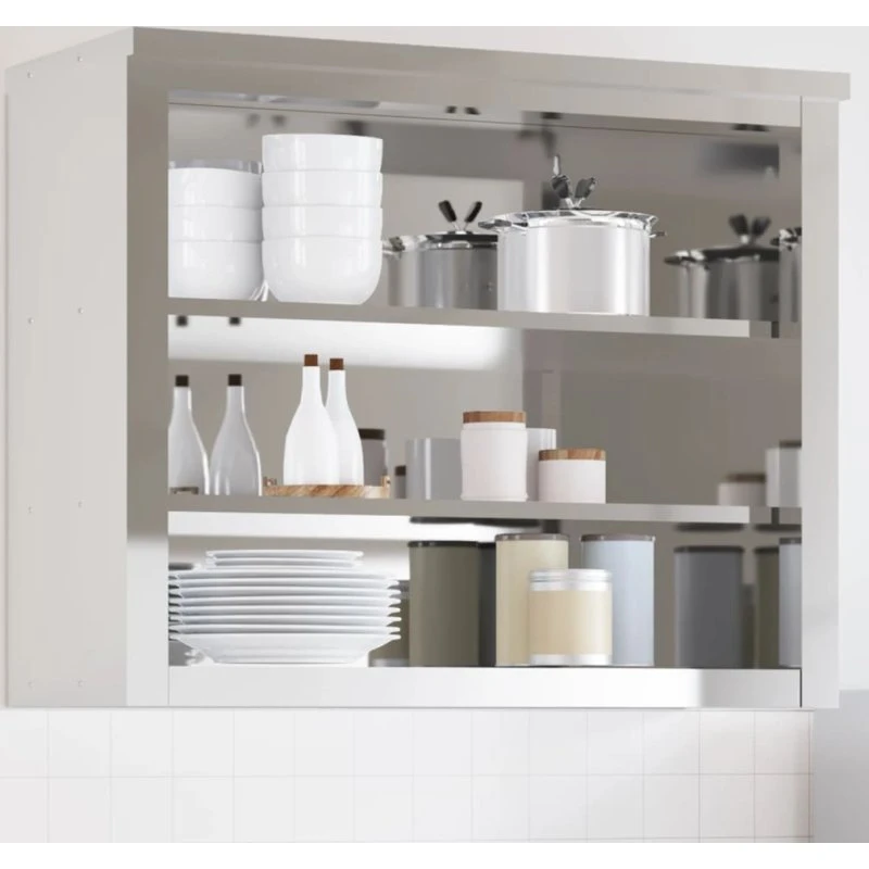 Væghængt køkkenskab i rustfrit stål med hylder