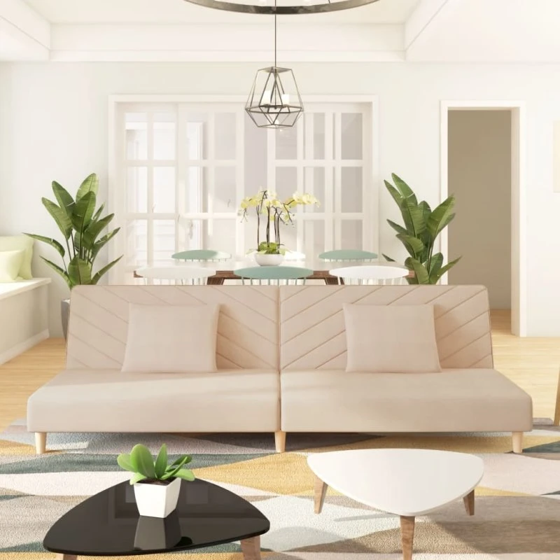 2-personers sovesofa i creme stof med 2 puder