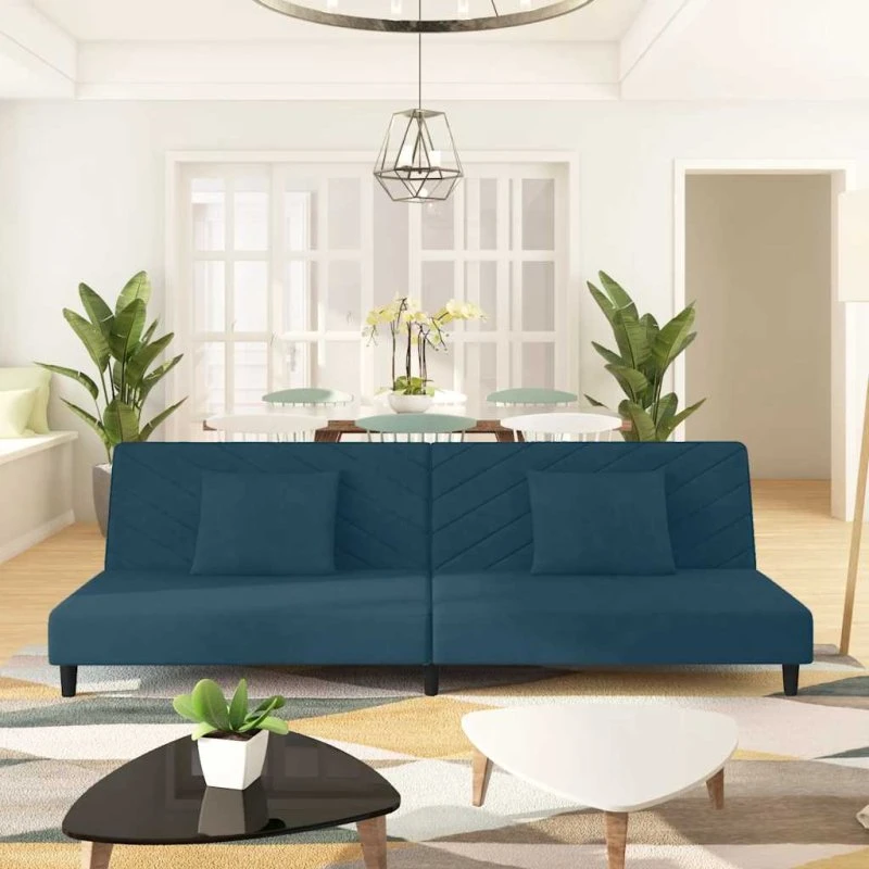 2-personers sovesofa i blå velour med 2 puder