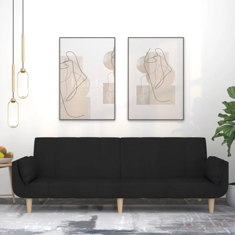 2-personers sovesofa i sort stof med 2 puder