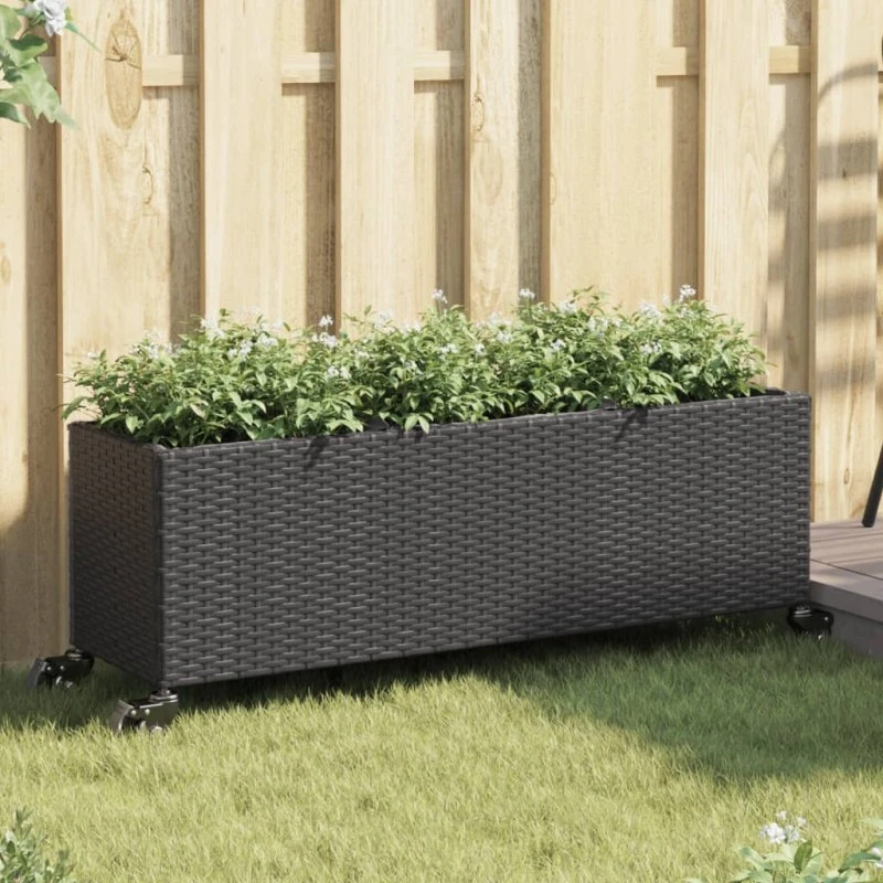 Plantekasse med hjul og 3 krukker 107x32x38 cm - polyrattan