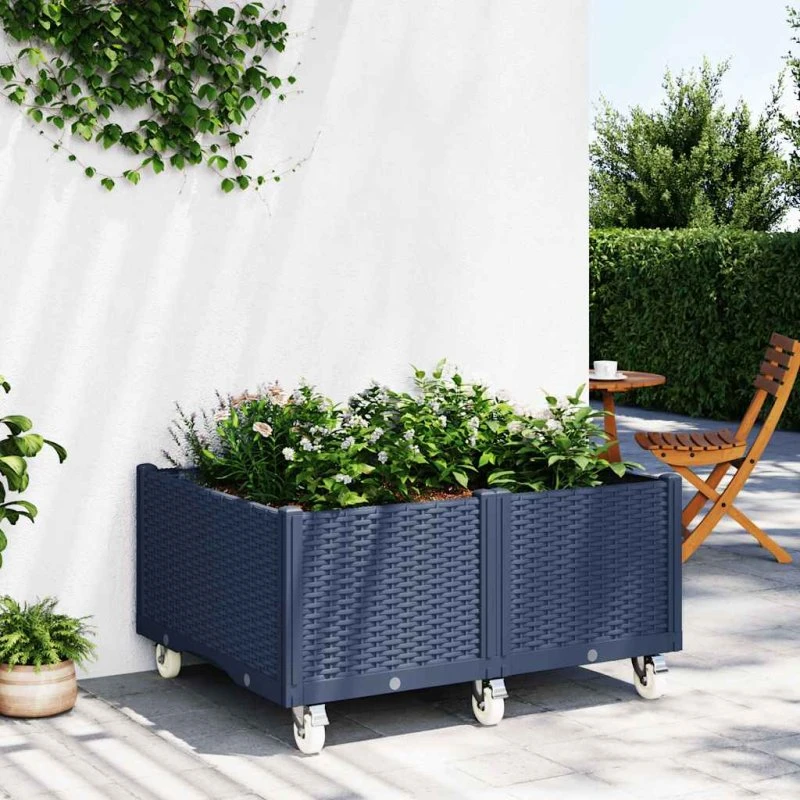 Plantekasse med hjul 100x80x54 cm i blågrå PP