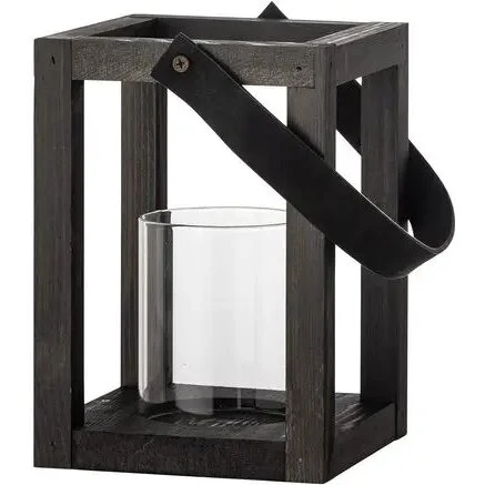 Bloomingville Lyra lanterne m/glas, sort fyrretræ 14x20x14 cm