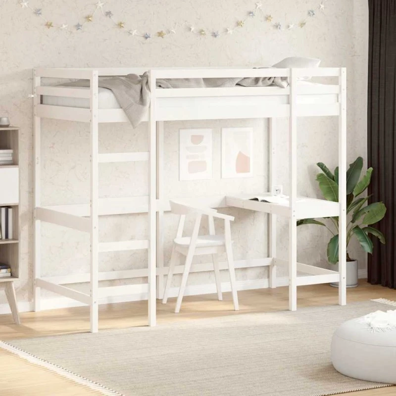 Højseng med skrivebord 90x190 – massivt fyrretræ, hvid