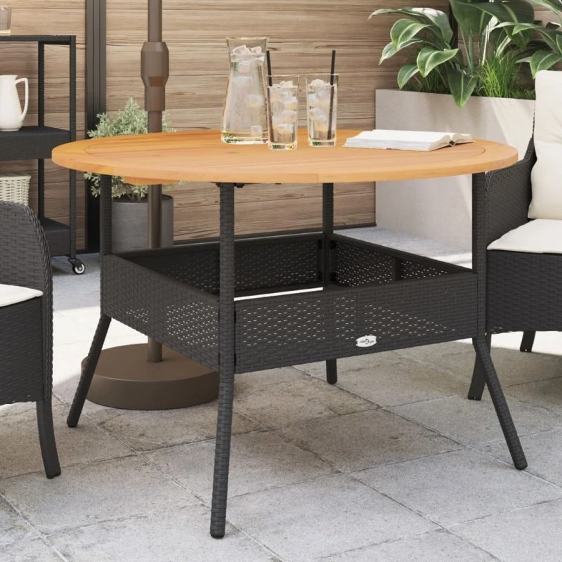 Havebord Ø110x71 cm med akacietop & sort polyrattan