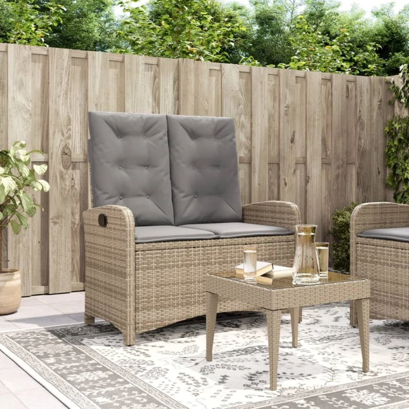 Havebænk med justerbart ryglæn og hynder – polyrattan, beige