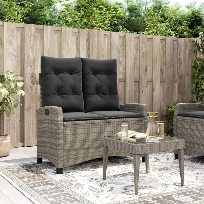 Havebænk i polyrattan med lænefunktion og hynder, grå