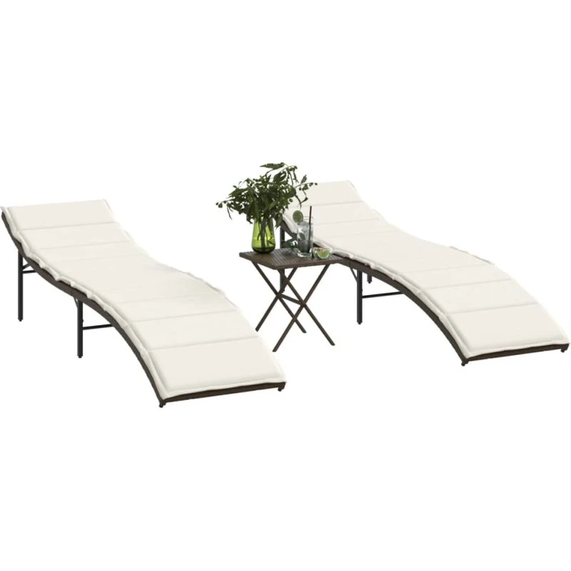 Liggestole 2 stk. med bord i brun polyrattan