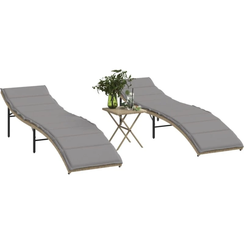 Liggestole 2 stk. med bord i polyrattan – beige