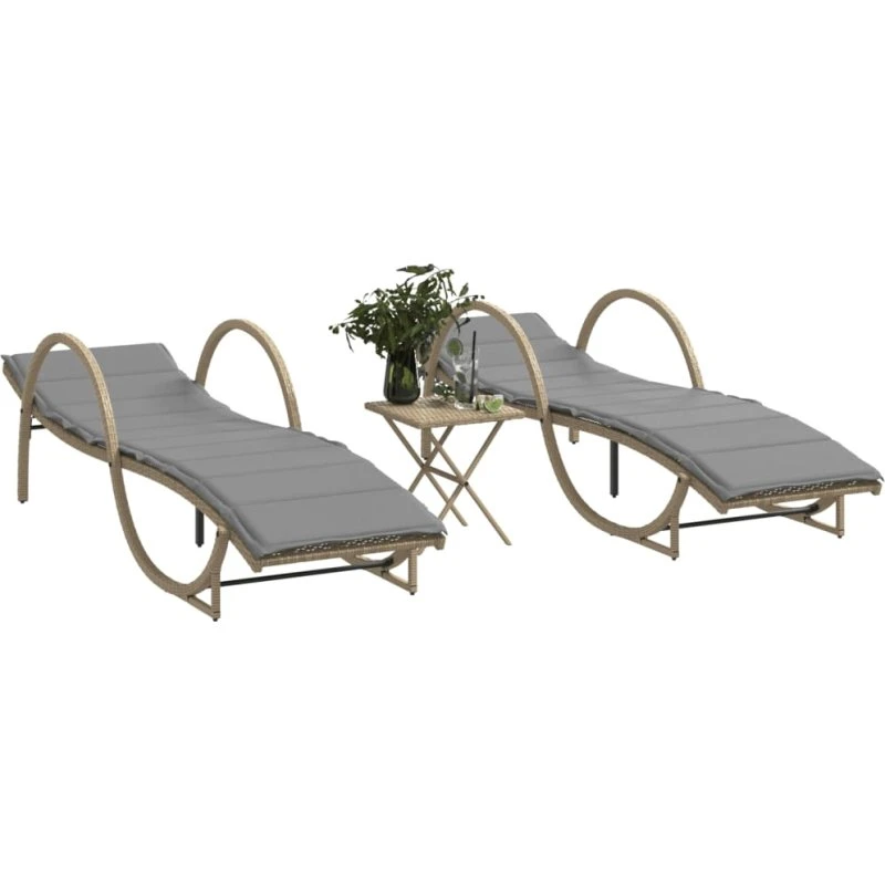 Liggestole 2 stk. med bord i polyrattan, beige