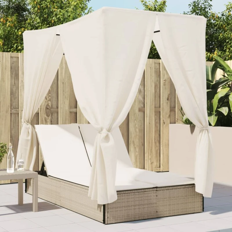 Solseng dobbel med tag og gardiner i polyrattan beige