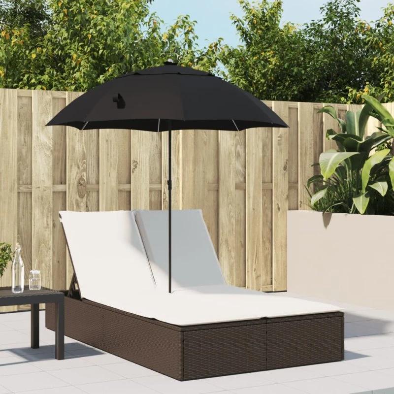 Dobbelt loungesofa i polyrattan med hynder og parasol
