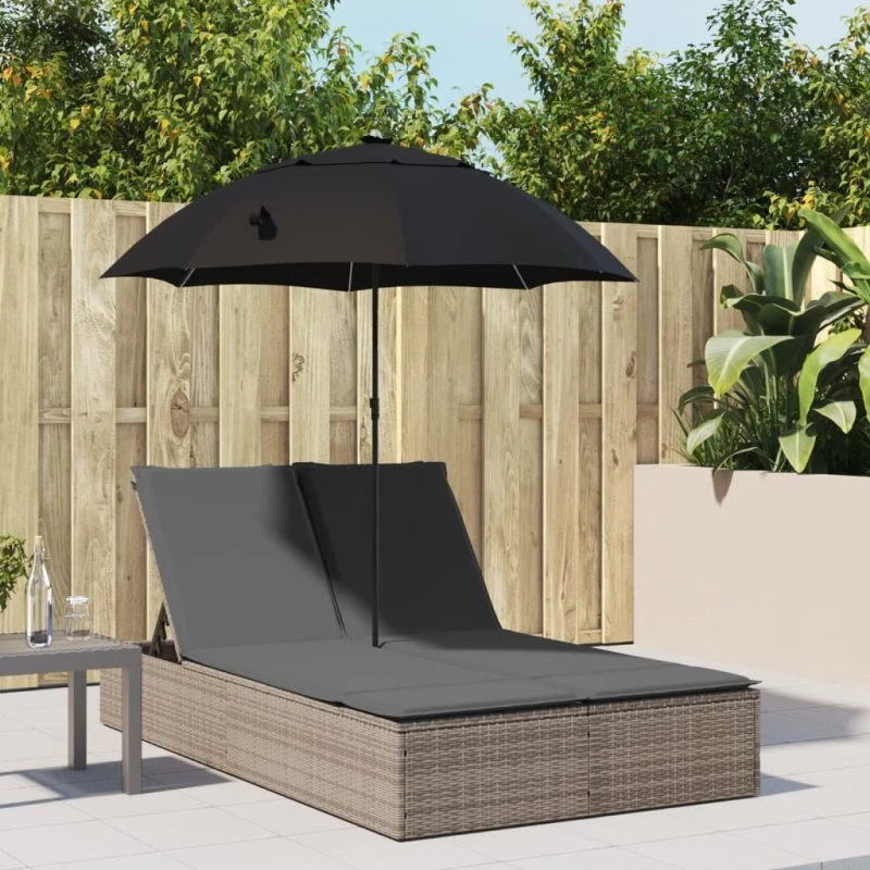 Dobbelt loungesofa polyrattan m. hynder og parasol, grå