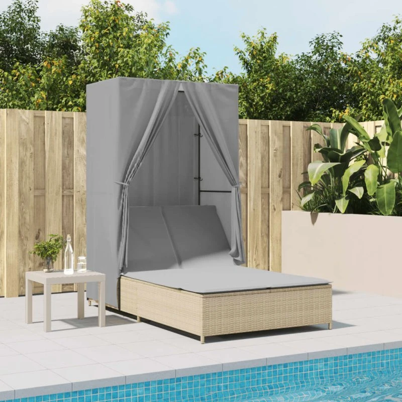 Dobbel solseng med tag og gardiner - polyrattan beige