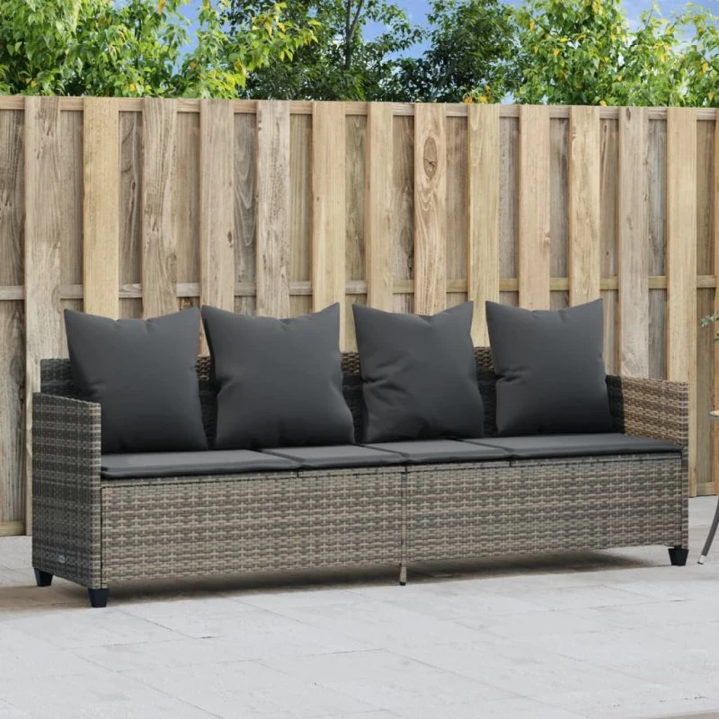 Loungesofa i grå polyrattan med hynder og justerbart ryglæn