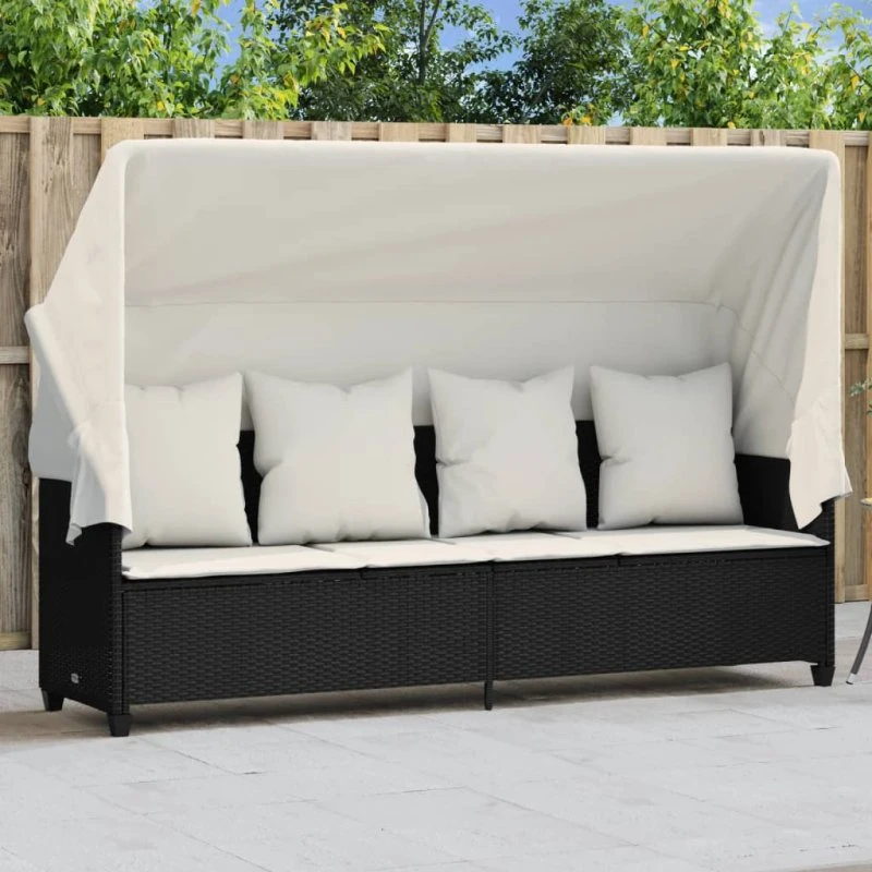 Loungesofa med baldakin og hynder, polyrattan - Sort