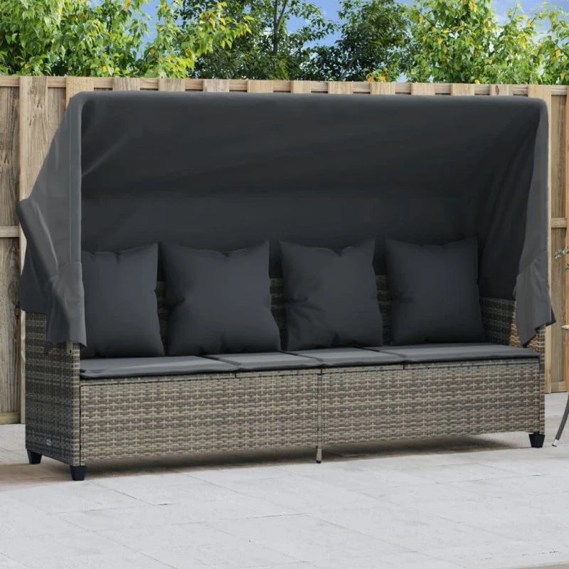 Loungesofa med baldakin i polyrattan – grå, inkl. hynder