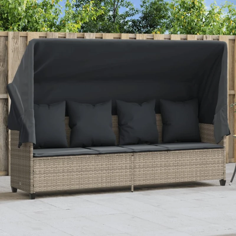 Loungesofa med baldakin og hynder i polyrattan, lysegrå