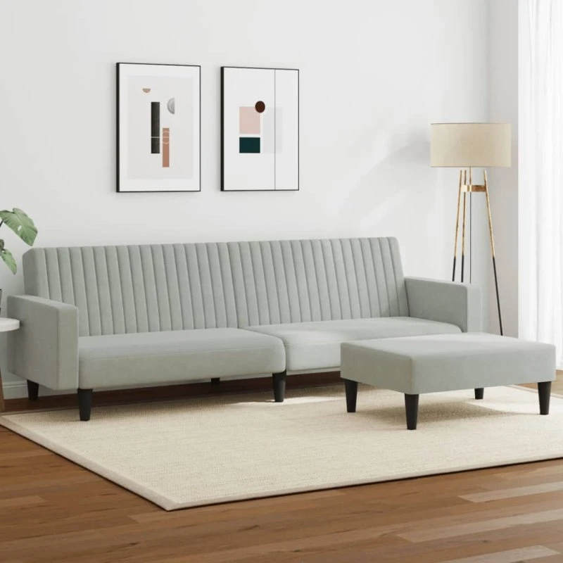 Sofasæt 2 dele velour lysegrå – daybed & fodskammel