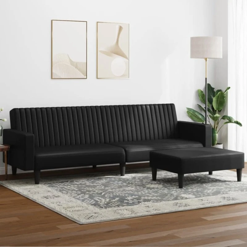 Sofasæt 2 dele i sort kunstlæder - vendbar 2-i-1