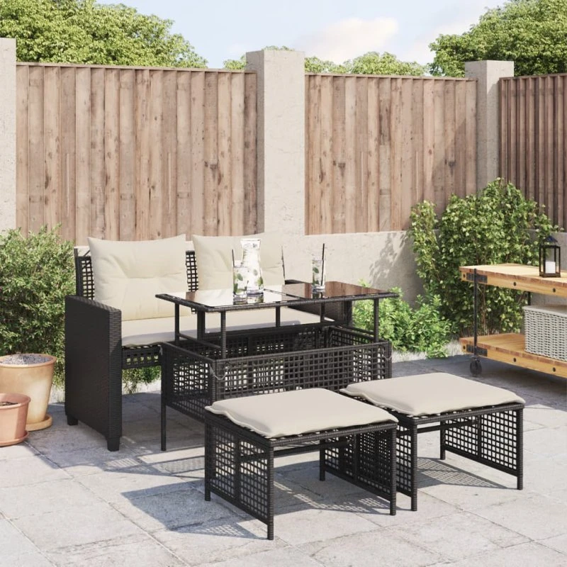 Havesofasæt 4 dele i sort polyrattan med hynder og glas