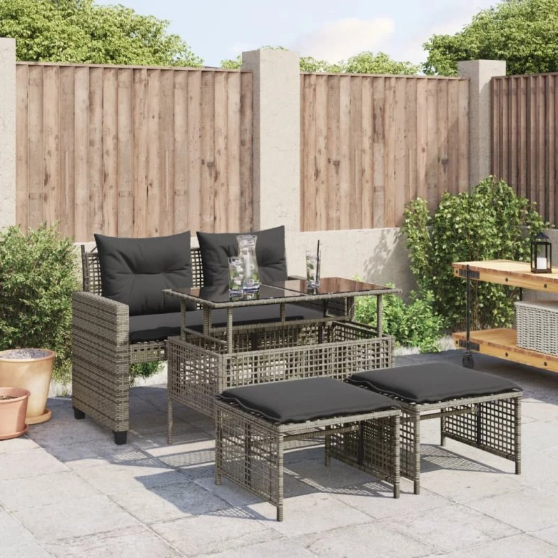 Havesofasæt 4 dele i polyrattan med hynder og glas – grå