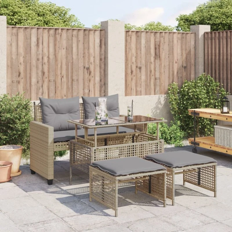 Havesofasæt 4 dele i polyrattan med hynder og glas, beige