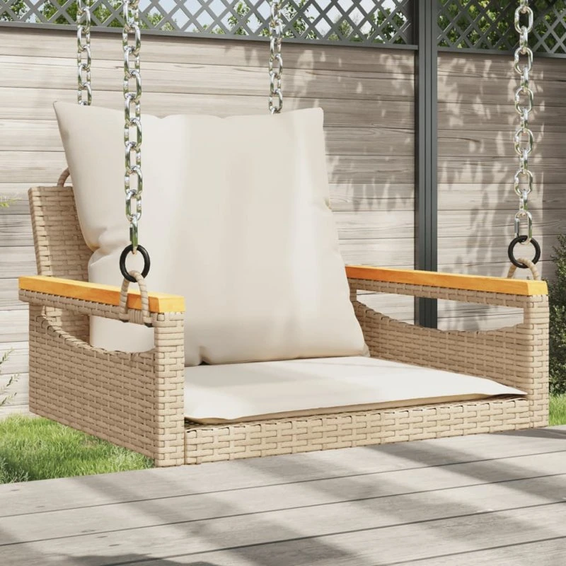 Gyngebænk i polyrattan med hynder 63x62x40 cm - beige