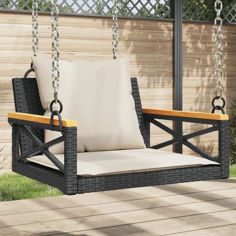 Gyngebænk i polyrattan med hynder, sort 63x62x40 cm