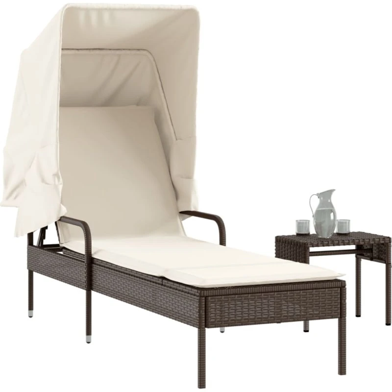 Liggestol med baldakin og bord i polyrattan, brun
