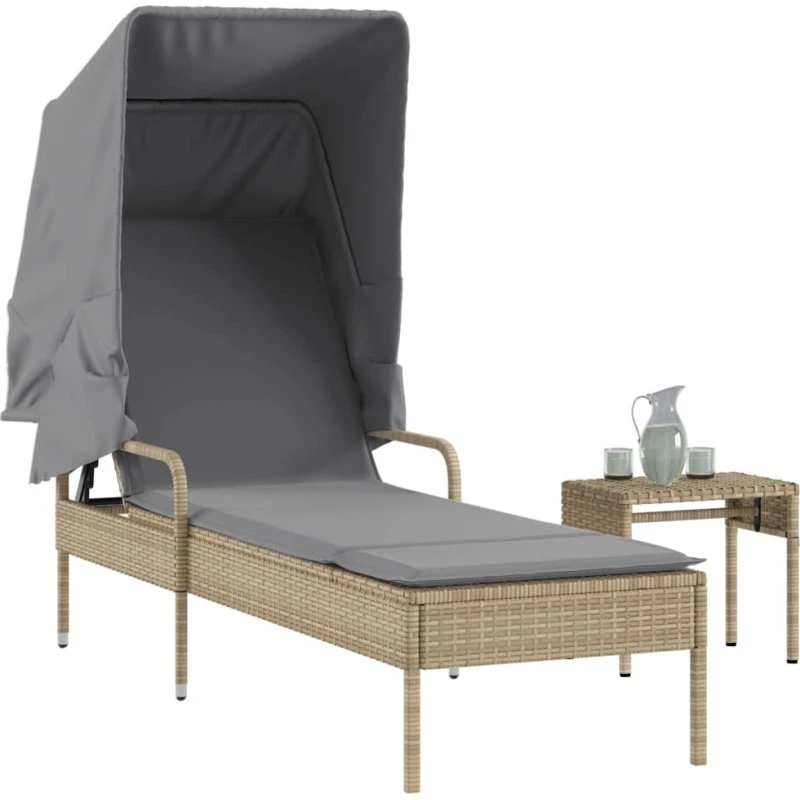 Liggestol med baldakin og bord i polyrattan, beige