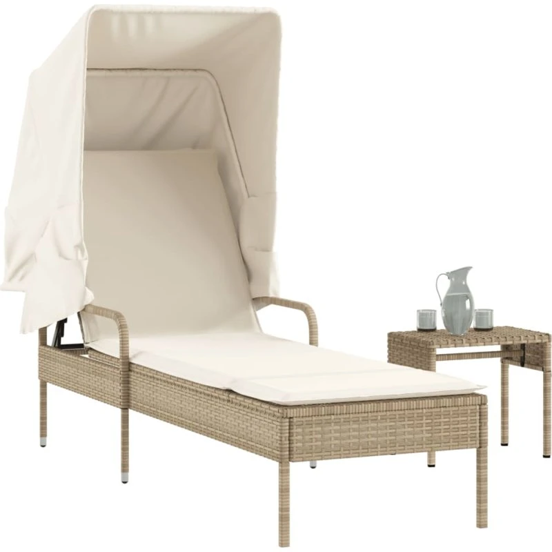 Liggestol med baldakin og bord i beige polyrattan