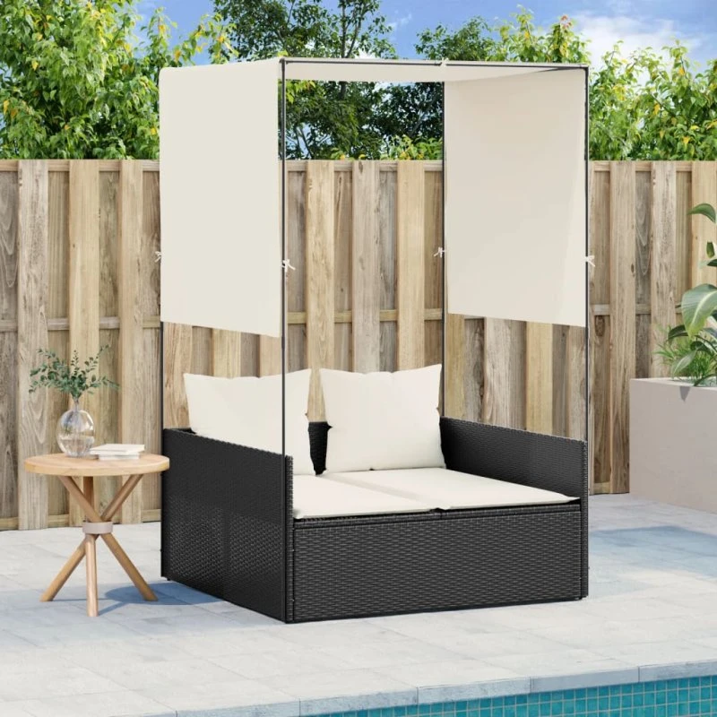 Dobbel solseng i polyrattan med tag & gardiner - sort