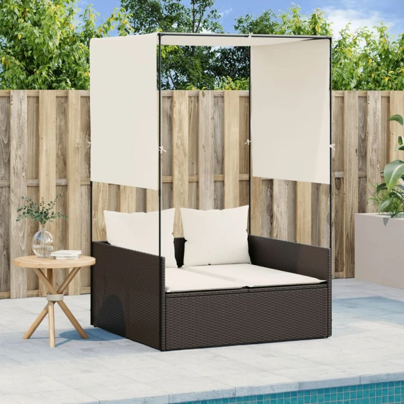 Dobbel solseng i polyrattan med tag & gardiner, brun