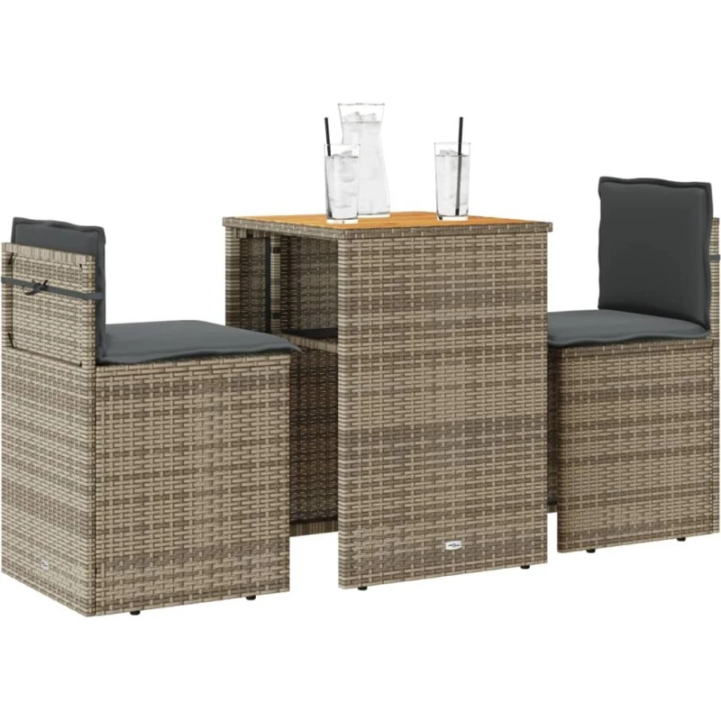 Bistrosæt i polyrattan 3 dele med hynder – grå