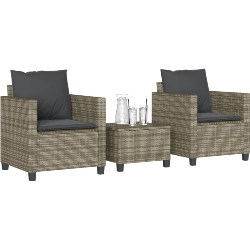 Bistrosæt 3 dele i grå polyrattan med hynder