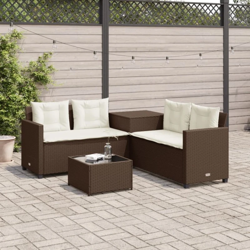 L-formet havesofa i polyrattan med bord og hynder - brun
