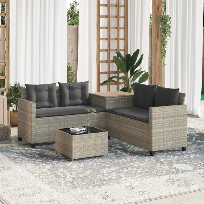 L-formet havesofa i polyrattan med bord og hynder – lysegrå