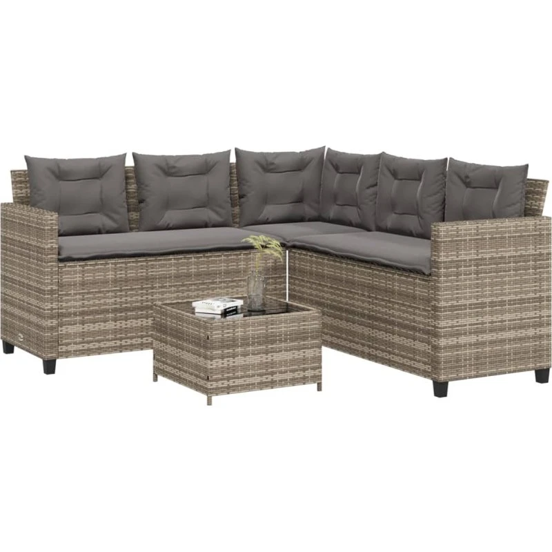 L-formet havesofa i grå polyrattan med bord og hynder