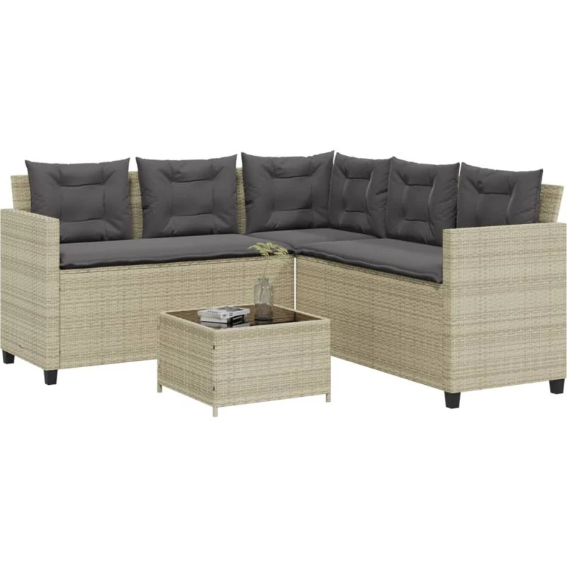 L-formet havesofa i lysegrå polyrattan med bord og hynder