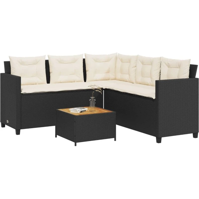 L-formet havesofa i sort polyrattan med bord og hynder