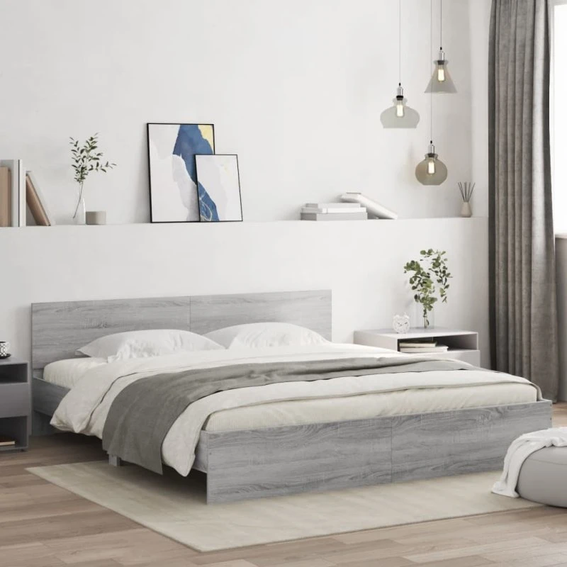 Sengeramme med sengegavl 200x200 cm - Grå Sonoma-eg