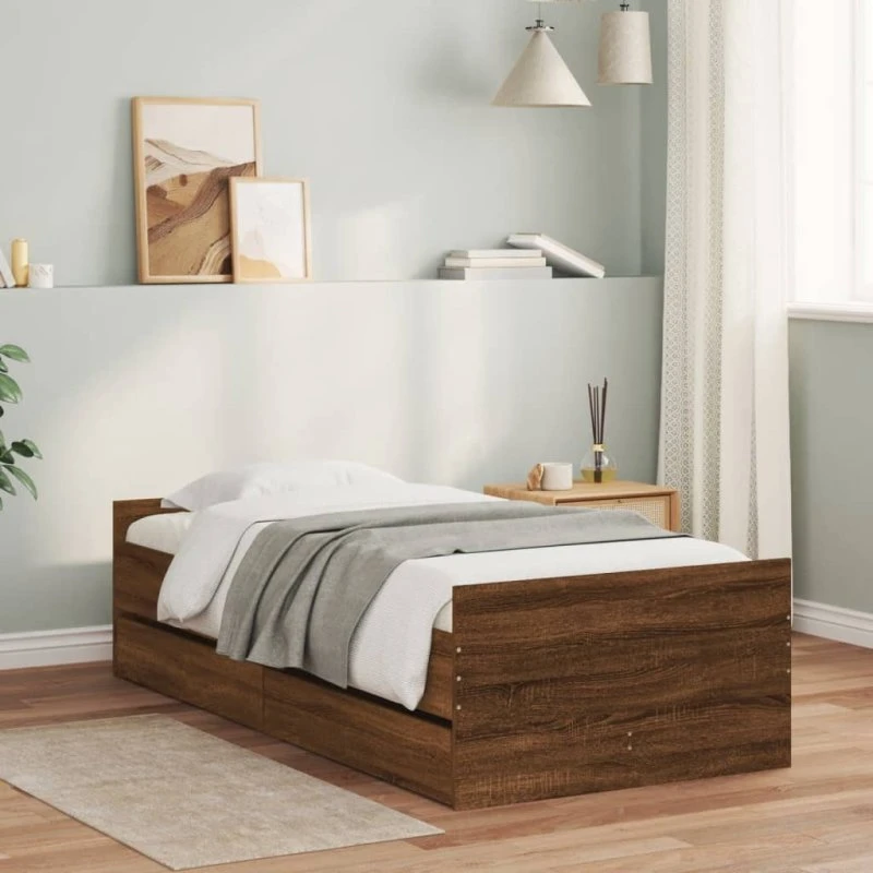 Sengeramme med skuffer 75x190 cm (Small Single) – brun egetræ