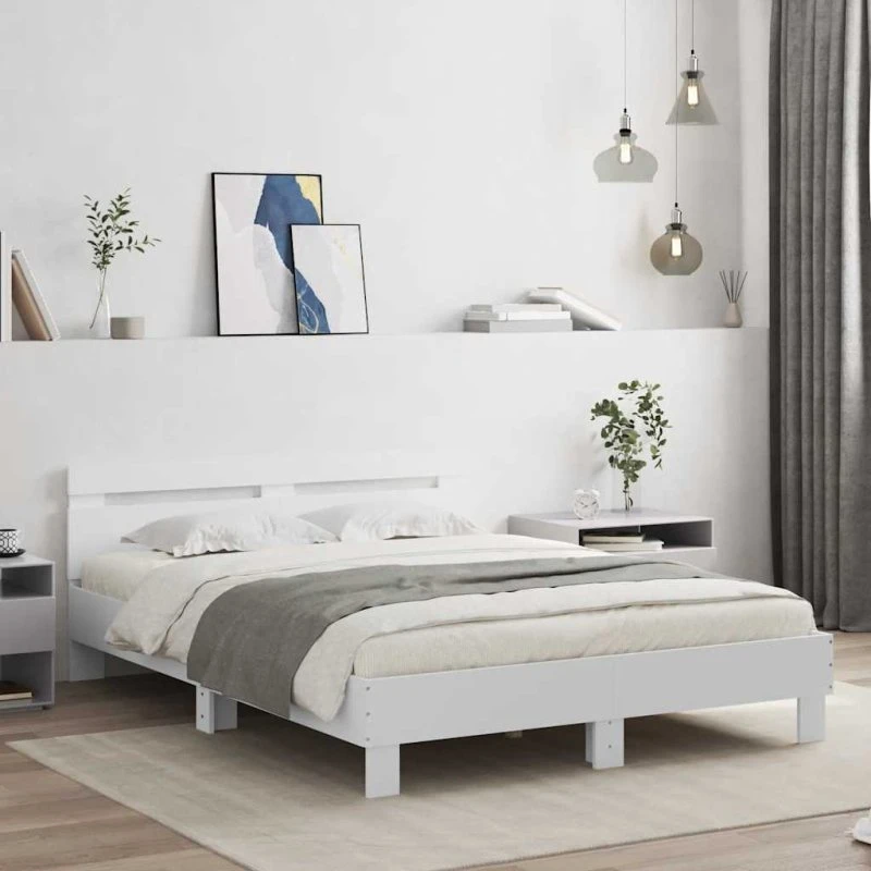 Sengeramme 150x200 cm med sengegavl – hvid, konstrueret træ