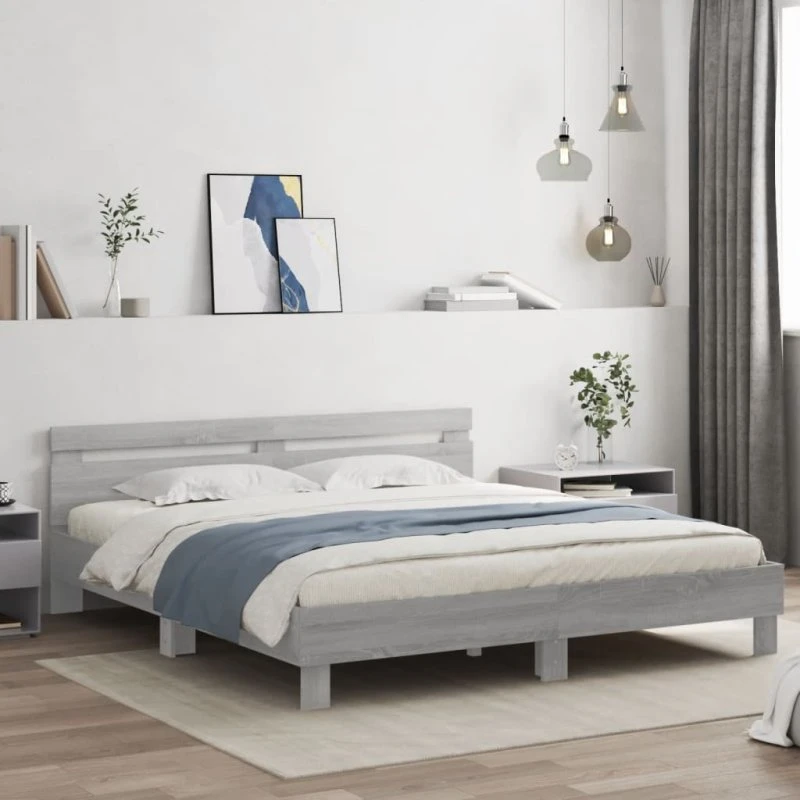 Sengeramme 200x200 cm med LED - Grå Sonoma-eg