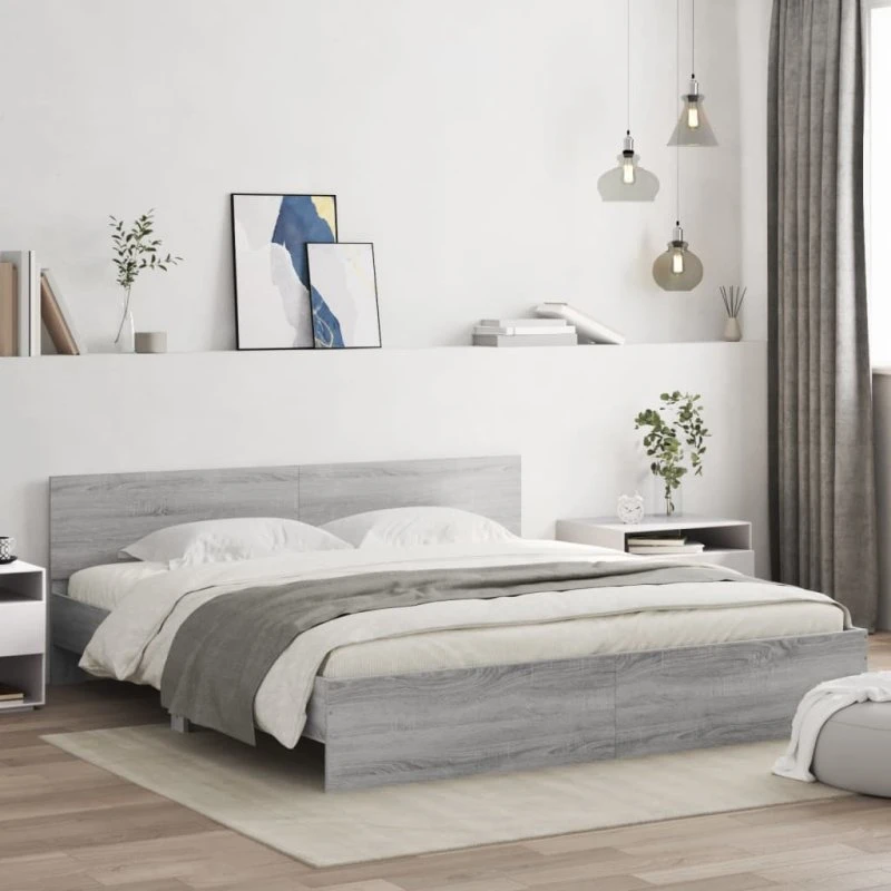 Sengeramme 200x200 cm med LED - Grå Sonoma-eg