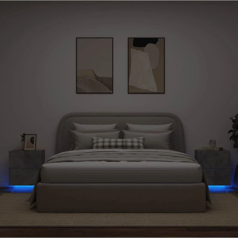 Sengeborde 2 stk. med RGB LED, konstrueret træ - betongrå