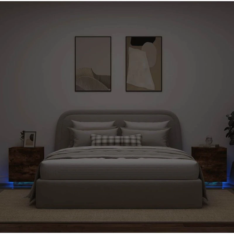 Sengeborde 2 stk. med RGB LED – konstrueret træ, røget egetræ